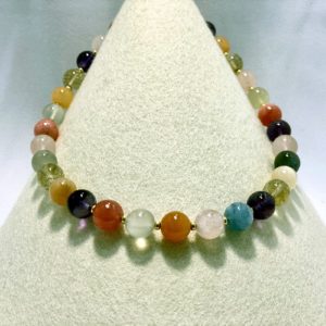Edelsteinkette Rosenquarz, Amethyst, Rodochrosit, Aquamarin, Rutilquarz,Mondsteinkette