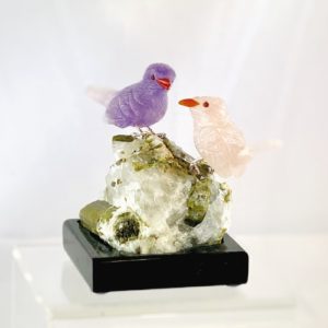 Vögel, Vogel Paar, Vogelpaar, Amethyst, Rosenquarz auf Turmalin, Steinfigur