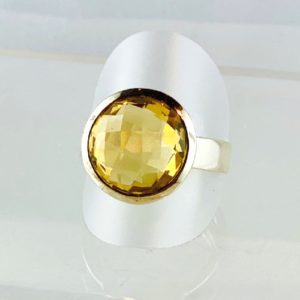 Edelsteinring Citrin Ring, Schachbrettmuster Schliff, Silber